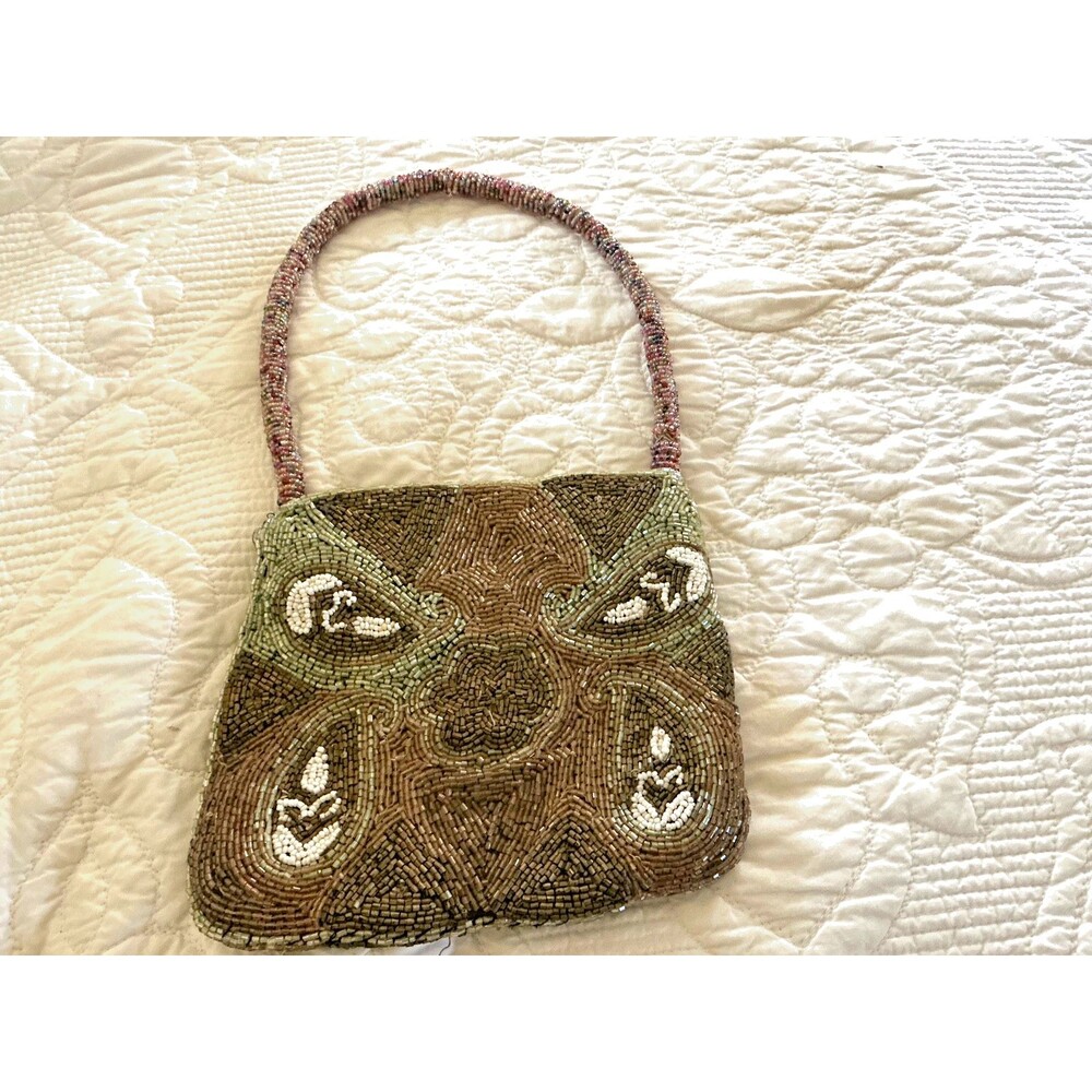 NWOT Handcrafted in India Beaded Bag Multicolor Green Gold Brown Red Zip Close